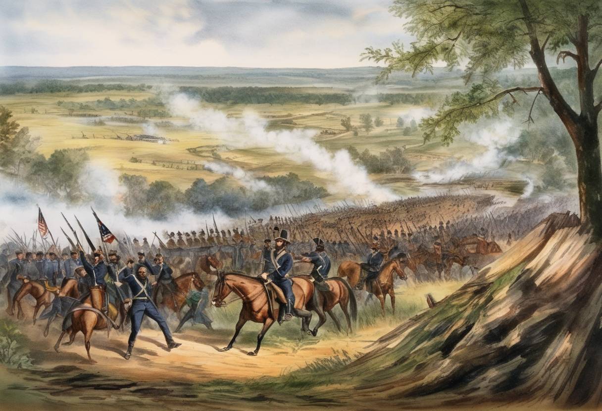 Watercolor painting based depiction of The Battle of Arkansas Post (or Fort Hindman) took place during the American Civil War. Union forces captured the confederate fort, gaining control of the Mississippi River. (1863)