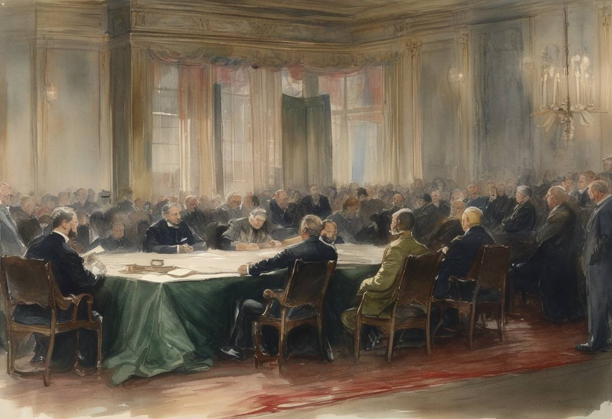 Watercolor painting based depiction of The First Hague Convention, which sought to establish codified laws of war and war crimes, was signed by major world powers. (1899)