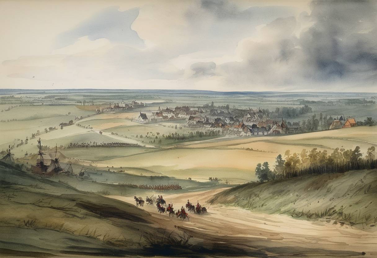 Watercolor painting based depiction of The Seven Years' War saw a significant battle at Zorndorf, where the Prussian army under Frederick the Great clashed with Russian forces led by Count Fermor. While both sides claimed victory, the battle was inconclusive with heavy casualties. (1758)