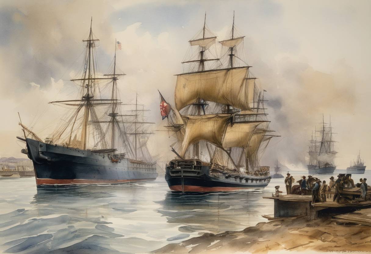 Watercolor painting based depiction of The United States Navy began a blockade of Cuban ports during the Spanish-American War. (1898)