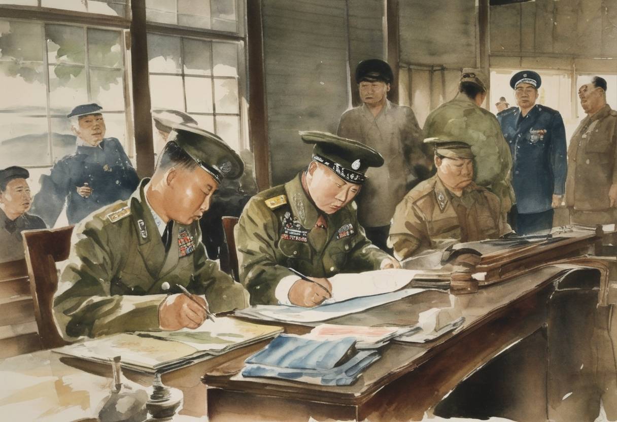 Watercolor painting based depiction of The United States issues a cease-fire agreement in Panmunjom during the Korean War. (1951)