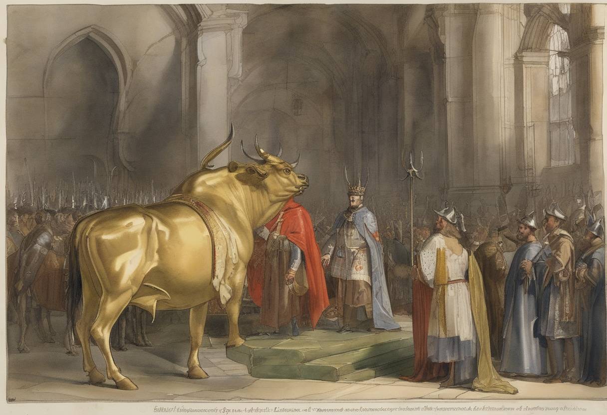Watercolor painting based depiction of Charles IV of Luxembourg issued the Golden Bull of 1367 to the Kingdom of Bohemia, which outlined the rights and privileges of certain cities and positions within the kingdom. (1367)