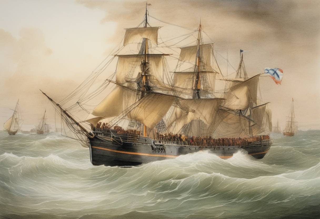 Watercolor painting based depiction of The first group of convicts arrived at Port Phillip, Australia, aboard the convict transport ship HMS Minerva as part of a short-lived settlement attempt in Victoria. (1813)