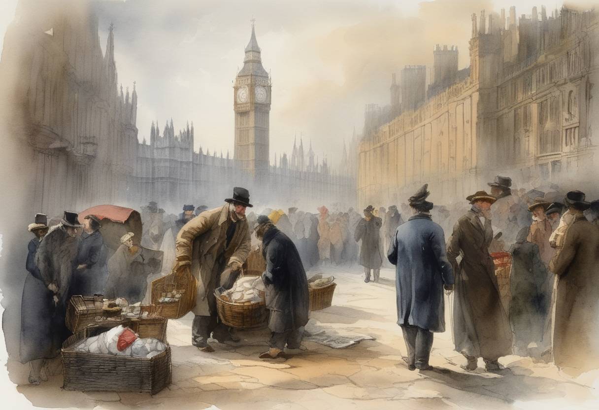 Watercolor painting based depiction of The British Parliament passes the Vagrancy Act, criminalizing begging and homelessness. (1824)