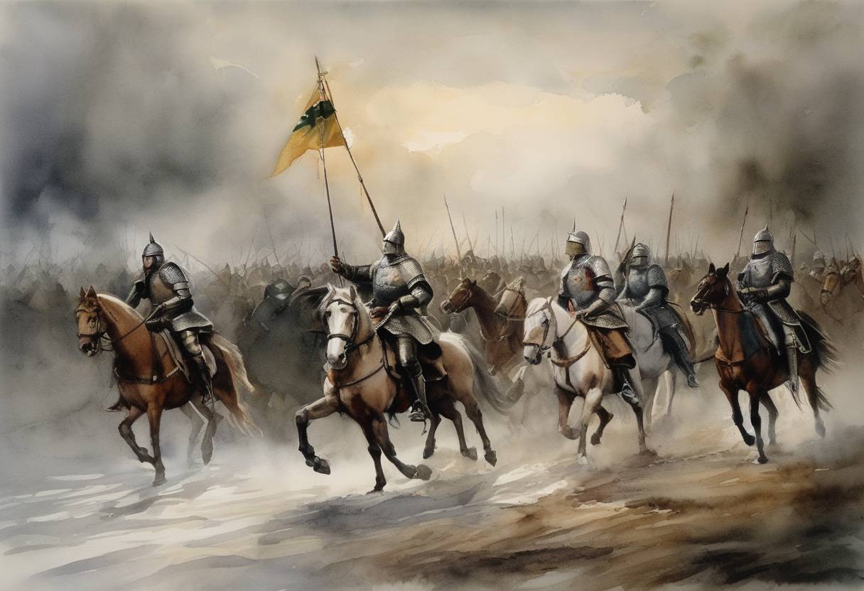 Watercolor painting based depiction of The military Order of the Teutonic Knights launched a campaign in what is now Lithuania, marking an escalation in the conflict between the order and the Grand Duchy of Lithuania. This conflict is part of the broader Northern Crusades, where Christian military orders attempted to convert pagan areas in the Baltic region to Christianity. (1291)