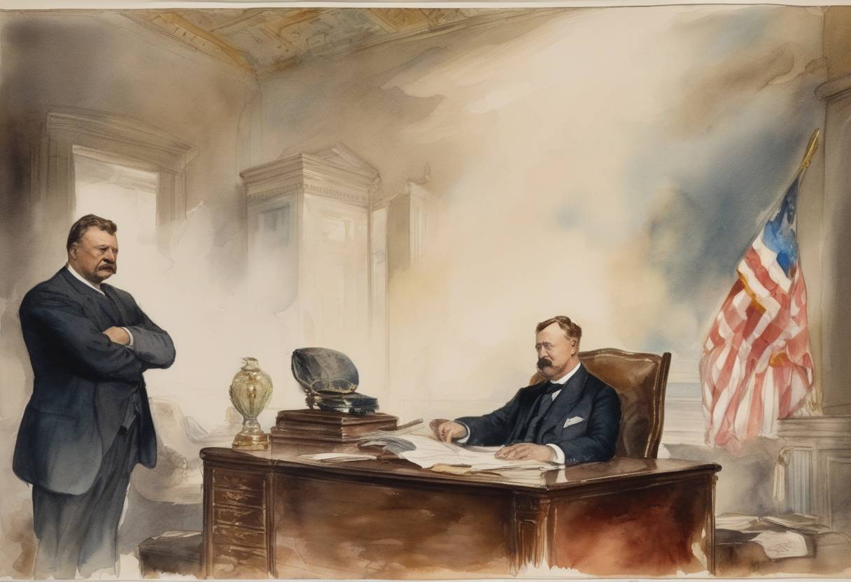 Watercolor painting based depiction of Theodore Roosevelt articulated his corollary to the Monroe Doctrine, asserting the United States' right to intervene in the affairs of Latin American nations. (1904)