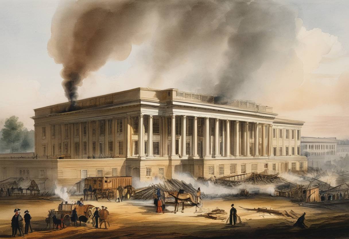Watercolor painting based depiction of The U.S. Patent Office burned down, destroying over 10,000 patent models and documents. This event highlighted the need for improved fireproofing in government buildings and contributed to the development of new patent filing practices. (1836)