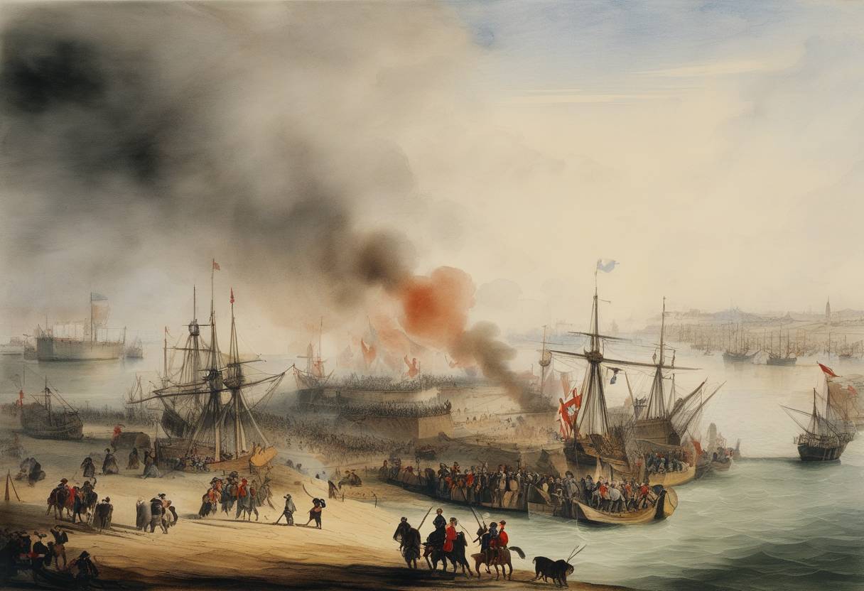 Watercolor painting based depiction of A surprise Spanish attack led by Ambrosio Spinola took place on the fort at Ostend during the Eighty Years' War. (1602)