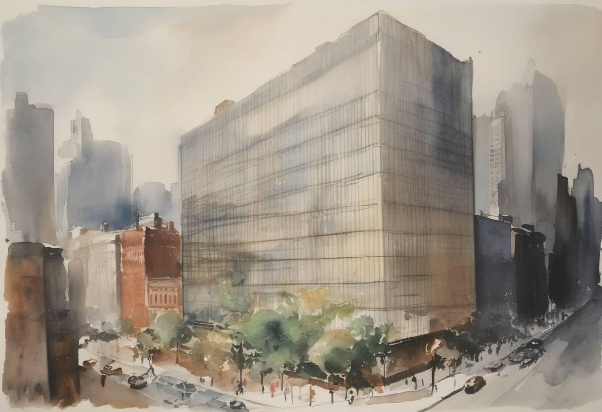 Watercolor painting based depiction of The Museum of Modern Art in New York City was reopened to the public after extensive renovations, allowing the public to view its vast and influential art collection in a newly designed space. (1961)
