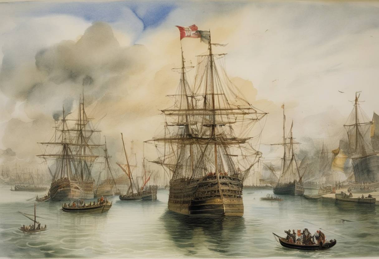 Watercolor painting based depiction of The Spanish Armada anchored in the Seine estuary after being chased from England by the English fleet, following the failed invasion attempt. (1588)