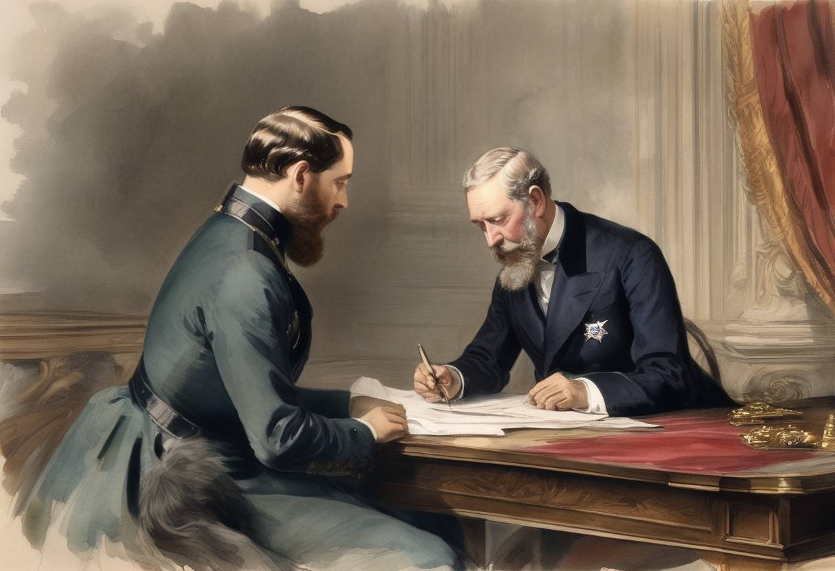 Watercolor painting based depiction of George V is made the Prince of Wales at the age of 16, preparing him for his future role as the King of the United Kingdom, leading to significant responsibilities and shaping his path towards eventual monarchy. (1861)
