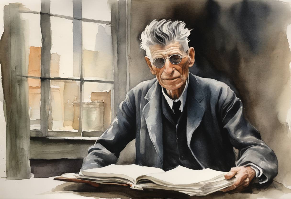 Watercolor painting based depiction of Samuel Beckett, the Irish avant-garde novelist, playwright, and poet known for his play 'Waiting for Godot', publishes his first full-length prose work, 'Murphy'. (1935)