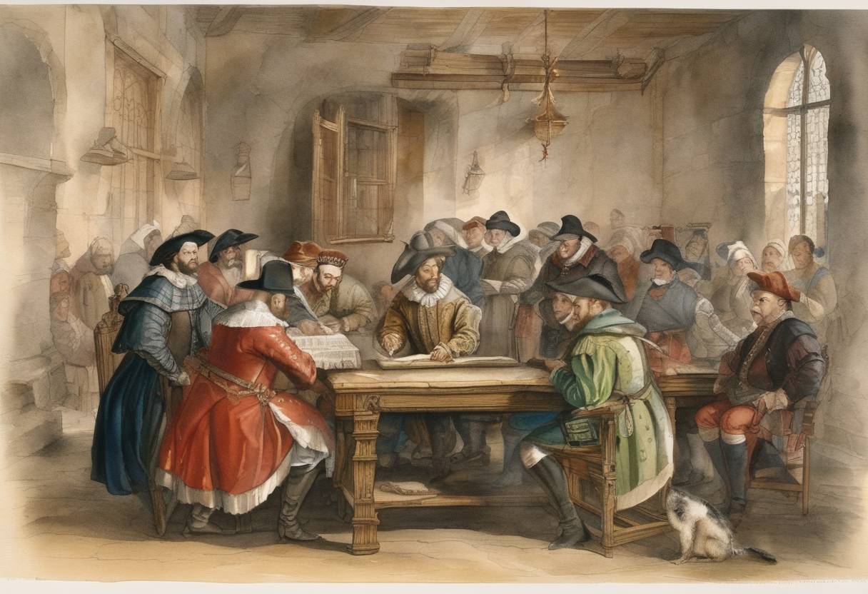 Watercolor painting based depiction of The Treaty of Bergerac was signed, which intended to restore peace between the Huguenots and the French Catholics within the Kingdom of France. This treaty allowed the Huguenots certain privileges and continued the efforts toward religious tolerance initiated by the Edict of Saint-Germain in 1570. (1577)