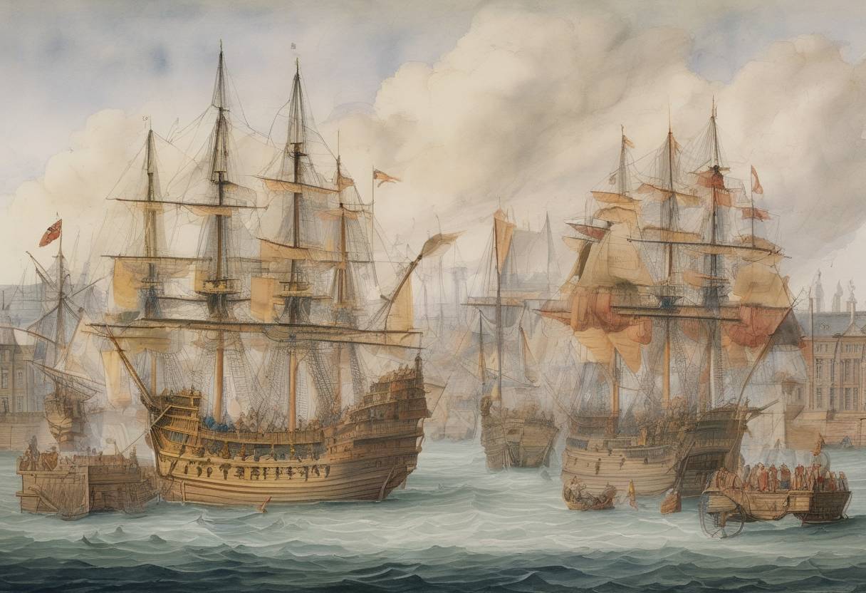 Watercolor painting based depiction of The Charter of the Virginia Company of London was established by King James I of England, granting the company the right to establish colonies in North America. (1606)