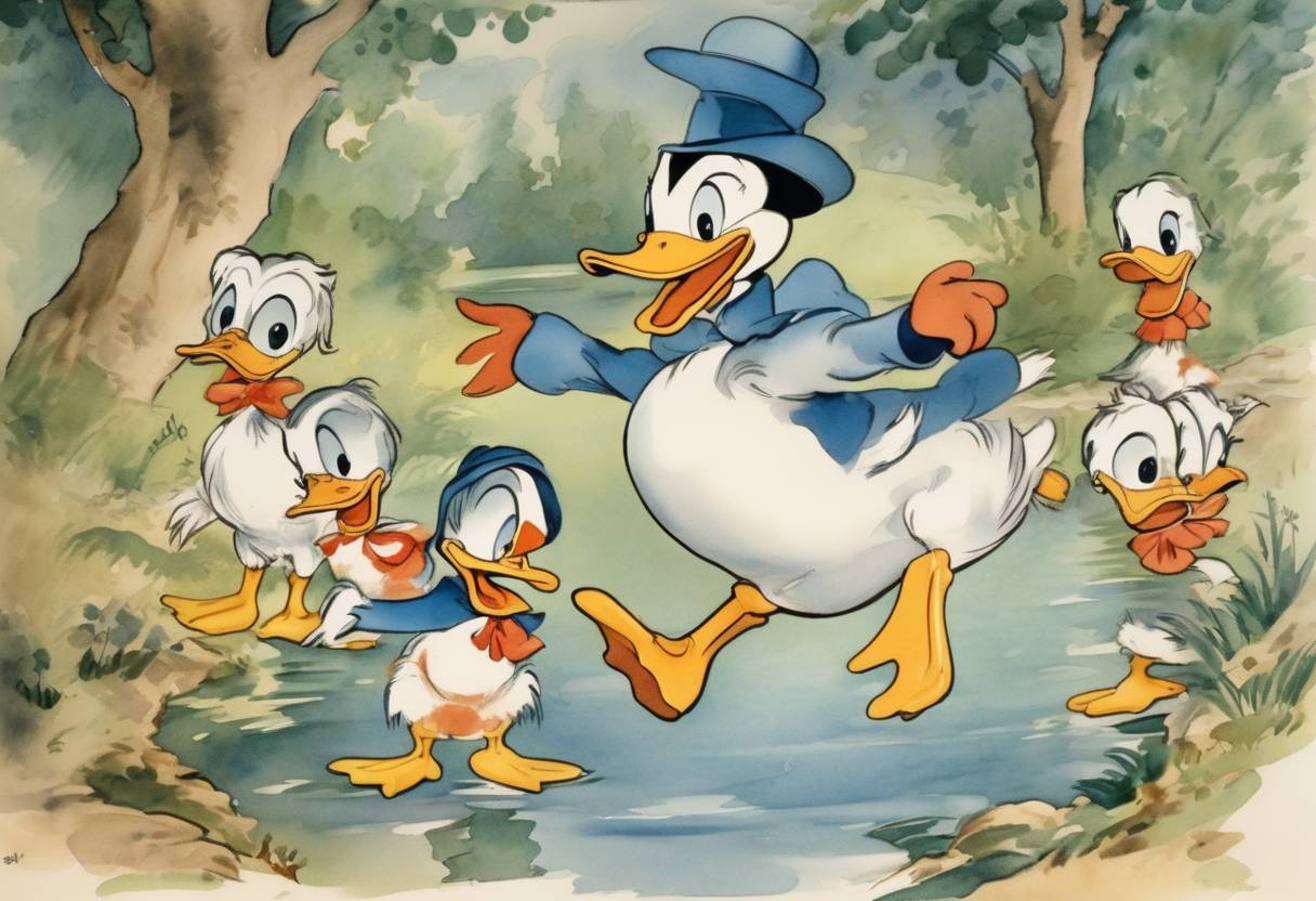 Watercolor painting based depiction of Donald Duck makes his first appearance in the cartoon 'The Wise Little Hen'. (1934)