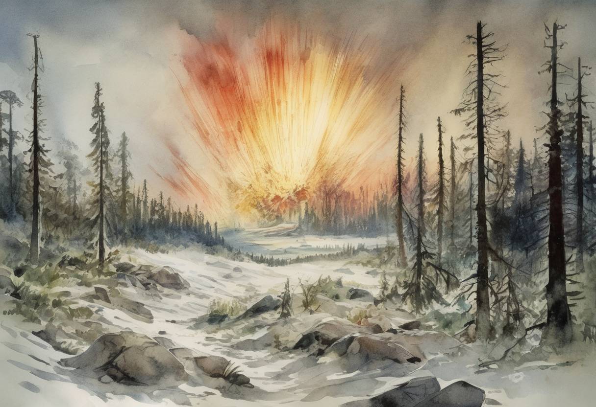 Watercolor painting based depiction of The Tunguska event occurred in Siberia, Russia, when a large explosion, believed to be caused by the airburst of a small comet or asteroid, flattened an estimated 2,000 square kilometers of forest. (1908)