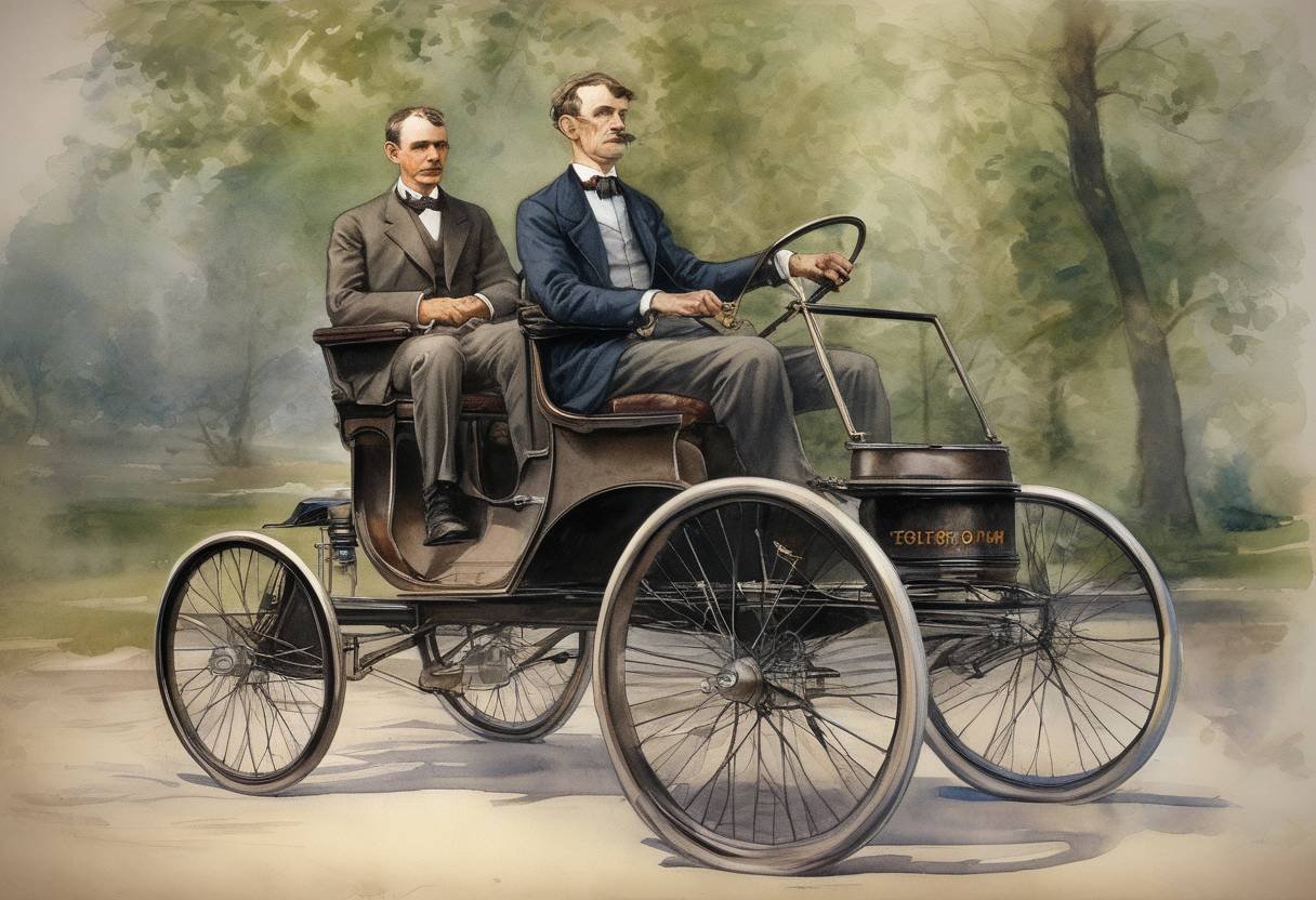 Watercolor painting based depiction of Henry Ford completes his first successful test drive of the Ford Quadricycle, his first gasoline-powered automobile. (1896)
