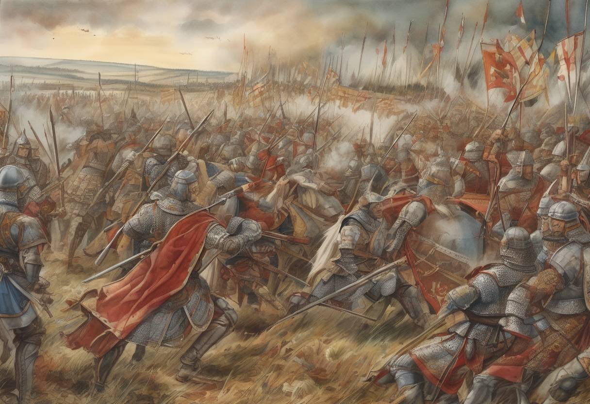 Watercolor painting based depiction of The Battle of Lechfeld took place, where Otto I, Holy Roman Emperor, decisively defeated the Magyar forces, ending their incursions into Central Europe and solidifying his power. (955)