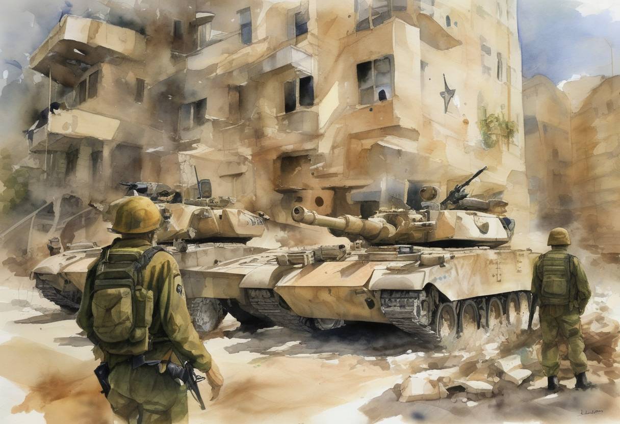 Watercolor painting based depiction of The United Nations-brokered ceasefire between Israel and Hezbollah went into effect, ending the 34-day conflict known as the 2006 Lebanon War. (2006)