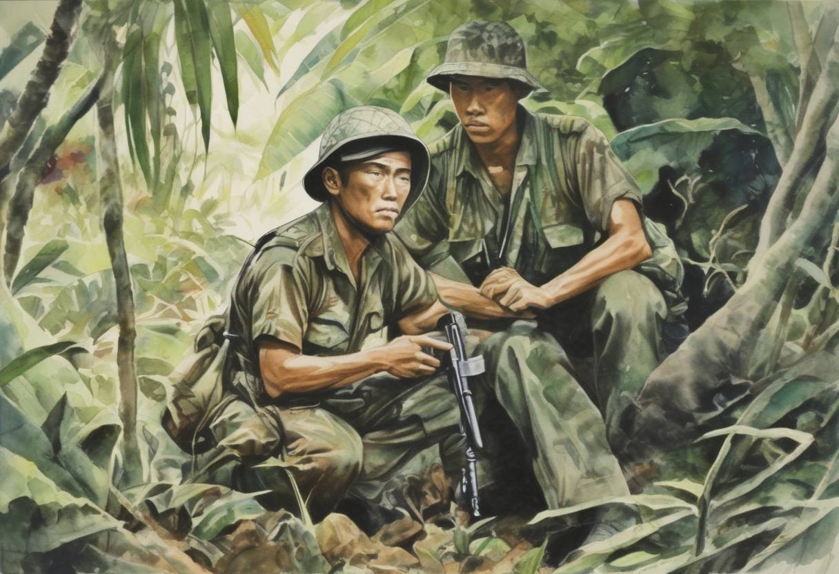 Watercolor painting based depiction of Japanese soldier Shoichi Yokoi was discovered in Guam, having spent 28 years hiding in the jungle, unaware that World War II had ended. (1972)