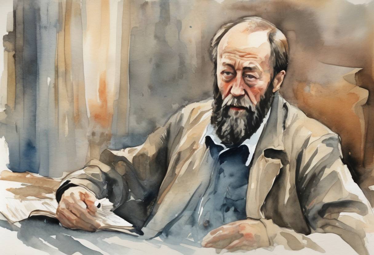Watercolor painting based depiction of Aleksandr Solzhenitsyn, Russian novelist and critic of Soviet totalitarianism, was exiled from the Soviet Union. (1974)