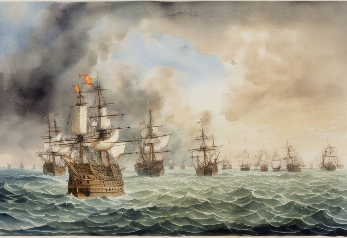Watercolor painting based depiction of The Spanish Armada was sighted off the coast of England, leading to the Battle of Gravelines, where the English navy defeated the Spanish fleet. (1588)
