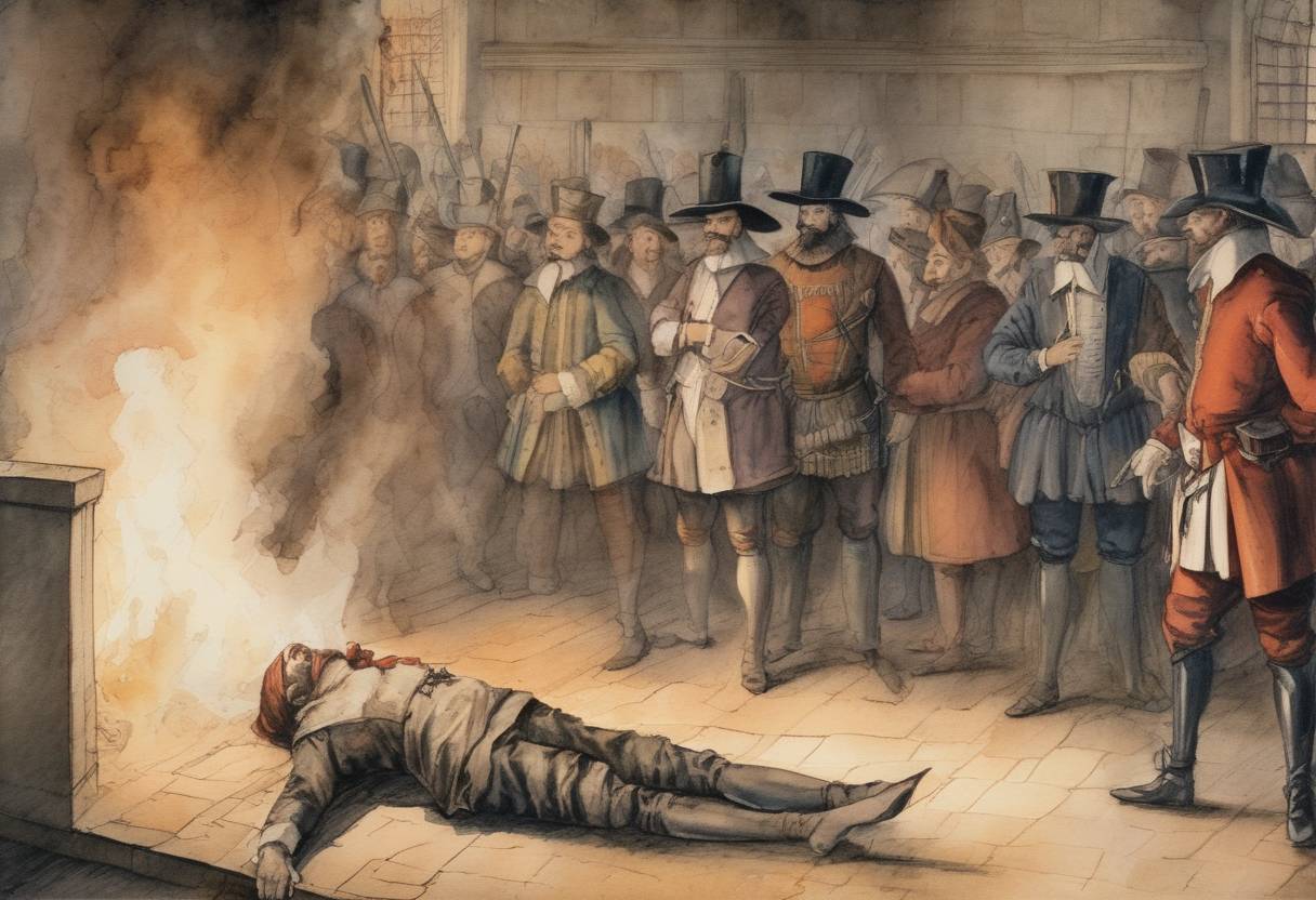Watercolor painting based depiction of Guy Fawkes is executed for his role in the Gunpowder Plot, an attempt to blow up the English Parliament and assassinate King James I. (1606)