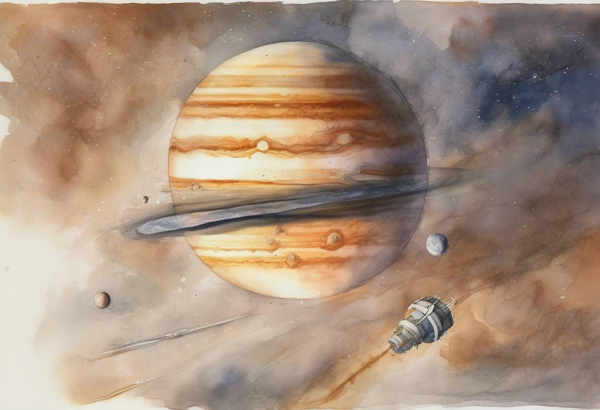 Watercolor painting based depiction of The Galileo spacecraft, launched by NASA to study Jupiter and its moons, was intentionally crashed into Jupiter's atmosphere to avoid contaminating any of the planet's moons. (2003)