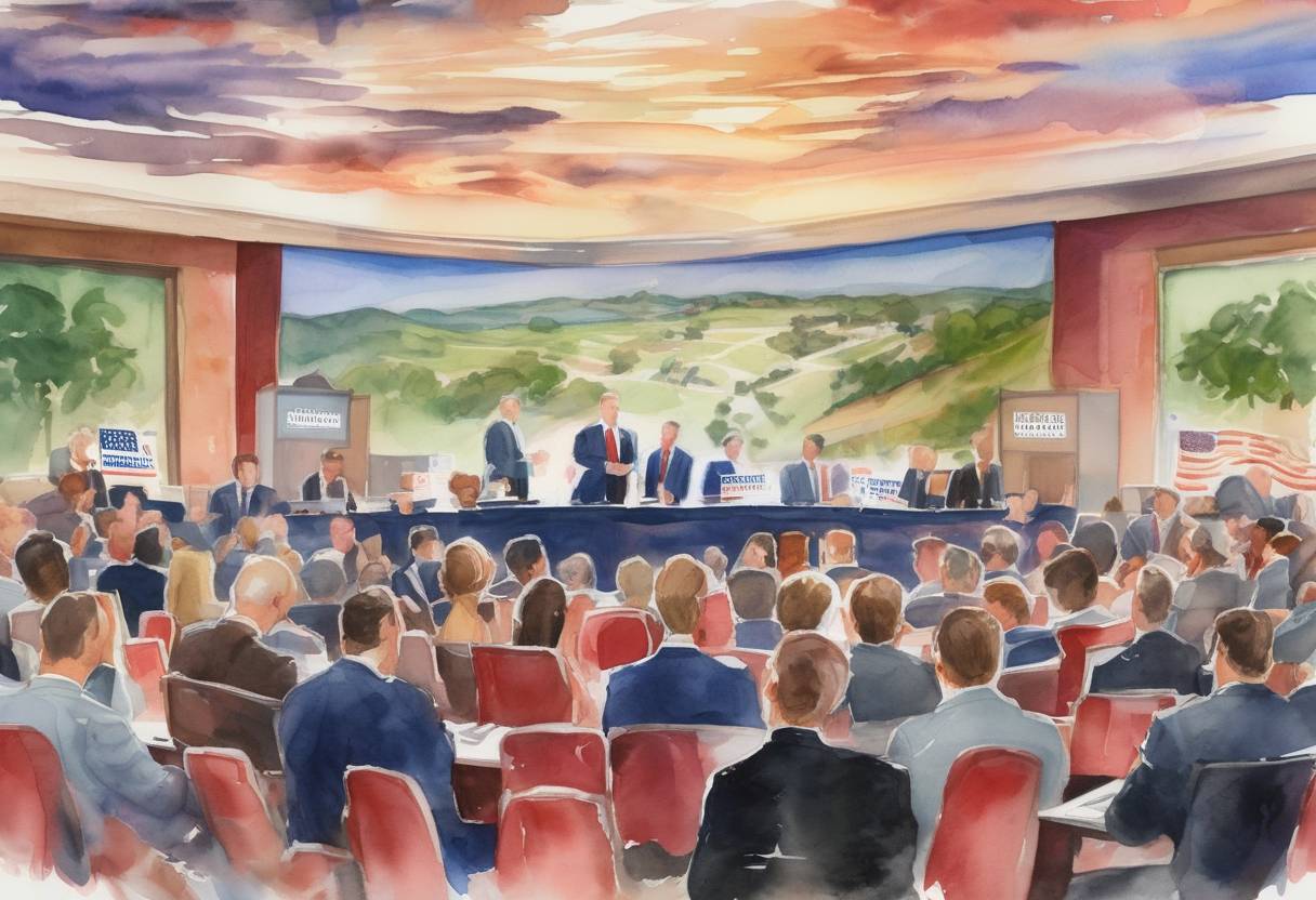 Watercolor painting based depiction of The first Republican primary debate for the 2016 United States presidential election was held at the Ronald Reagan Presidential Library in Simi Valley, California, featuring 11 candidates. (2015)