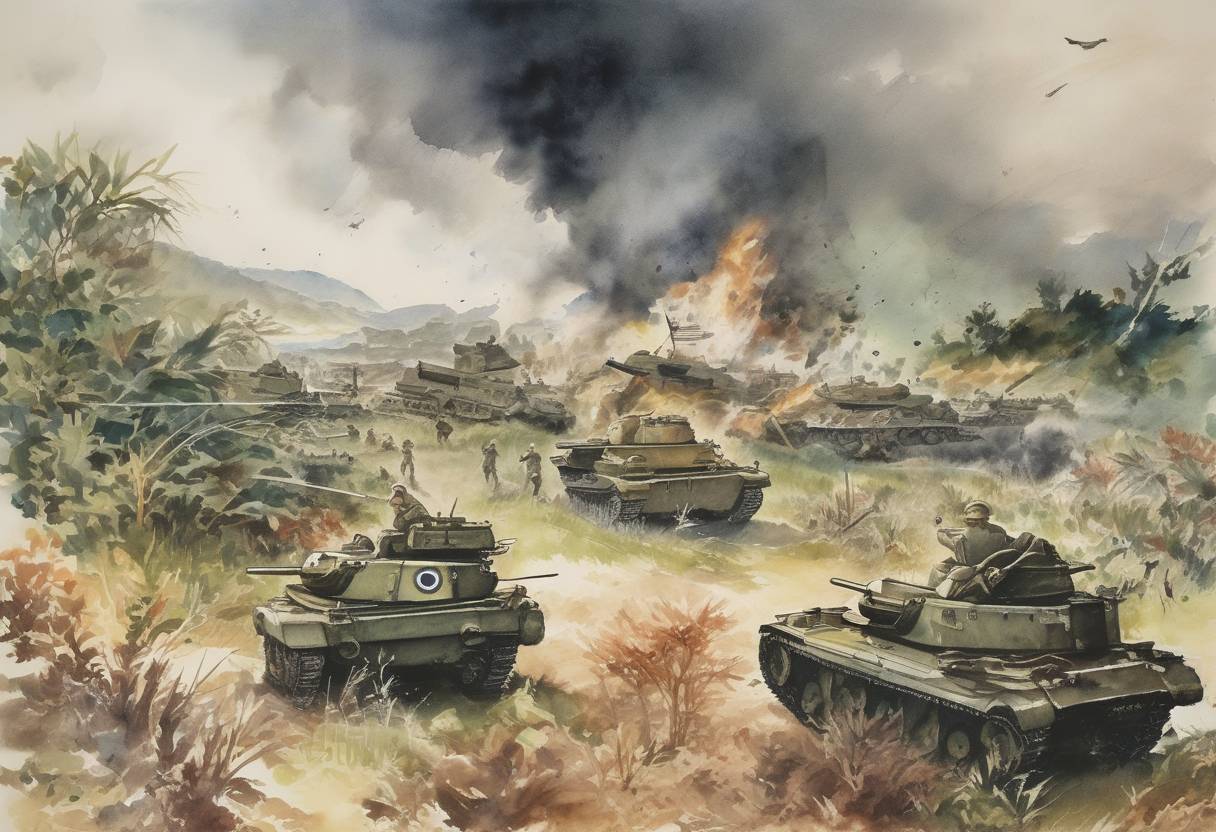 Watercolor painting based depiction of The Battle of Okinawa ended with an Allied victory. It was one of the bloodiest battles of the Pacific War during World War II. (1945)