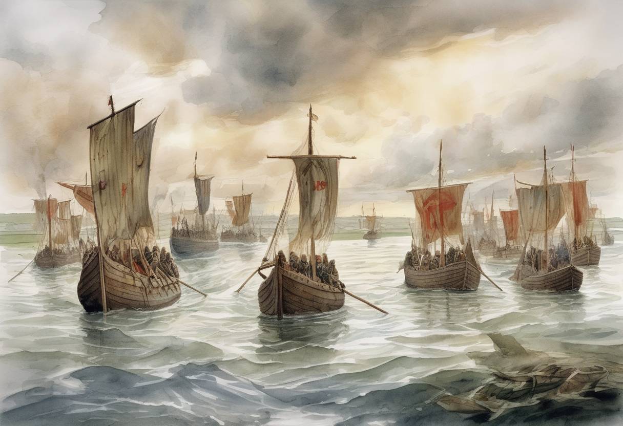 Watercolor painting based depiction of William the Conqueror's fleet sets sail from the mouth of the Somme River, beginning the Norman invasion of England. (1066)