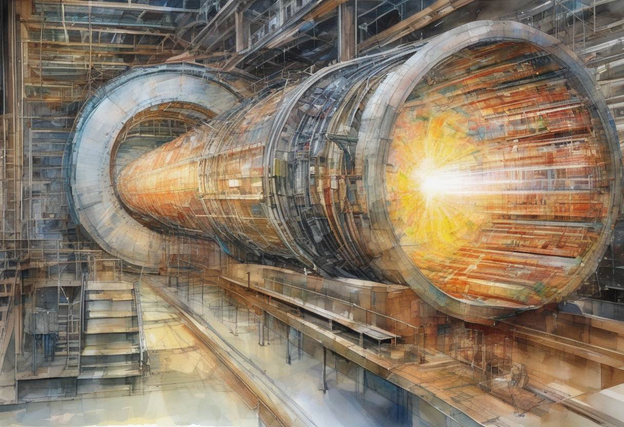 Watercolor painting based depiction of The Large Hadron Collider (LHC) at CERN successfully circulated two beams simultaneously for the first time, marking a significant milestone in particle physics. (2009)