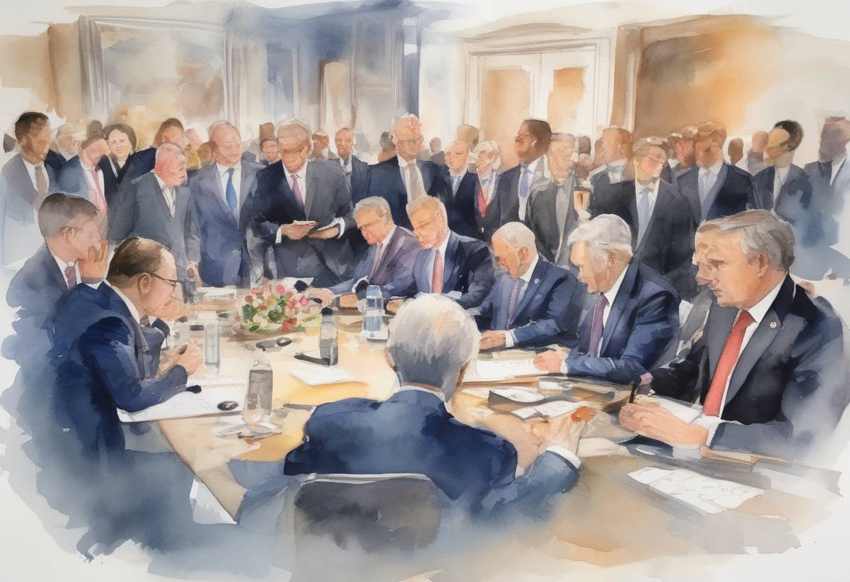 Watercolor painting based depiction of The North Atlantic Treaty Organization (NATO) marked its 70th anniversary with a summit in London, where leaders discussed issues such as defense spending and the strategic direction of the alliance. (2019)
