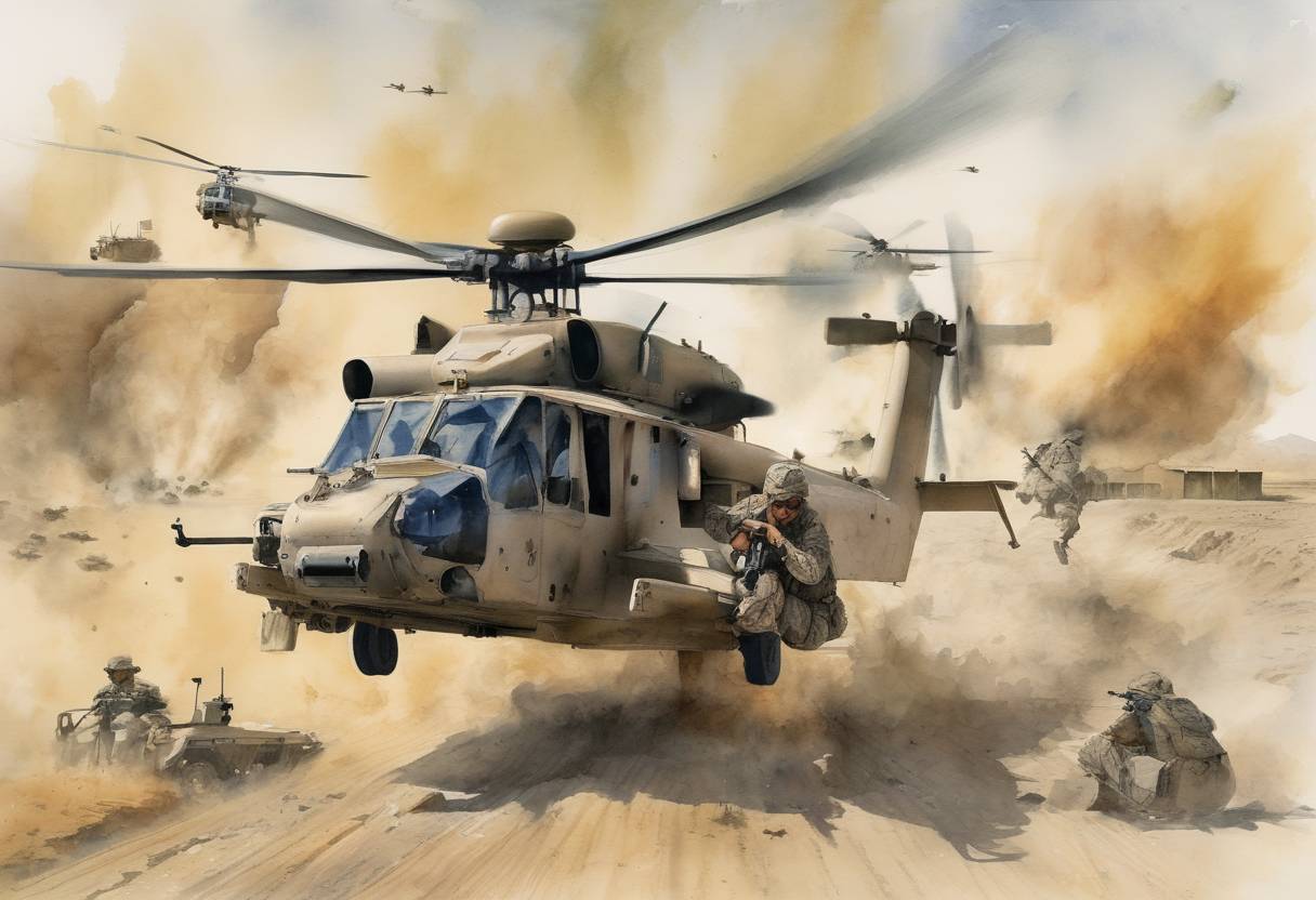 Watercolor painting based depiction of The United States Marine Corps launched Operation Cobra's Anger in the Helmand Province of Afghanistan, aimed at disrupting Taliban supply lines and communications. (2009)