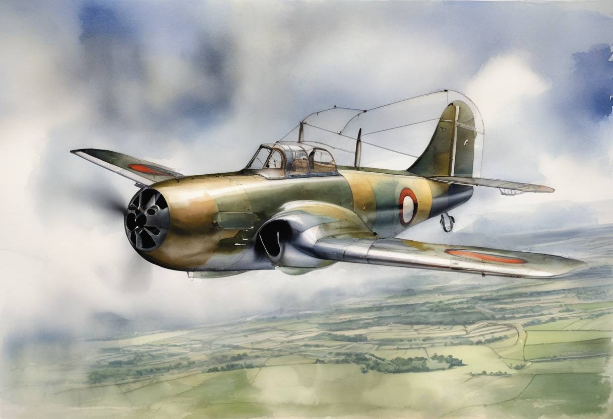 Watercolor painting based depiction of The Gloster E.28/39, the first British jet engine aircraft, made its maiden flight. (1941)