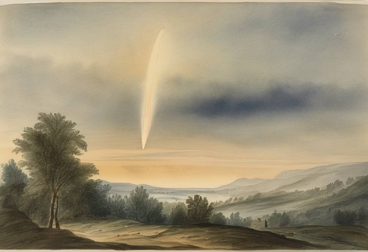Watercolor painting based depiction of Lexell's Comet, a comet with a notably close approach to Earth, was observed. It remains the closest comet approach recorded, passing at a distance of 2.2 million kilometers. (1770)