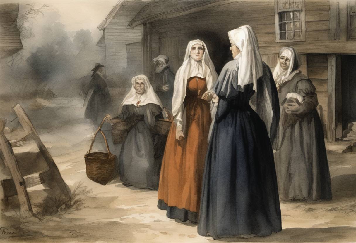 Watercolor painting based depiction of Sarah Good, Sarah Osborne, and Tituba were accused of witchcraft during the Salem witch trials. (1692)