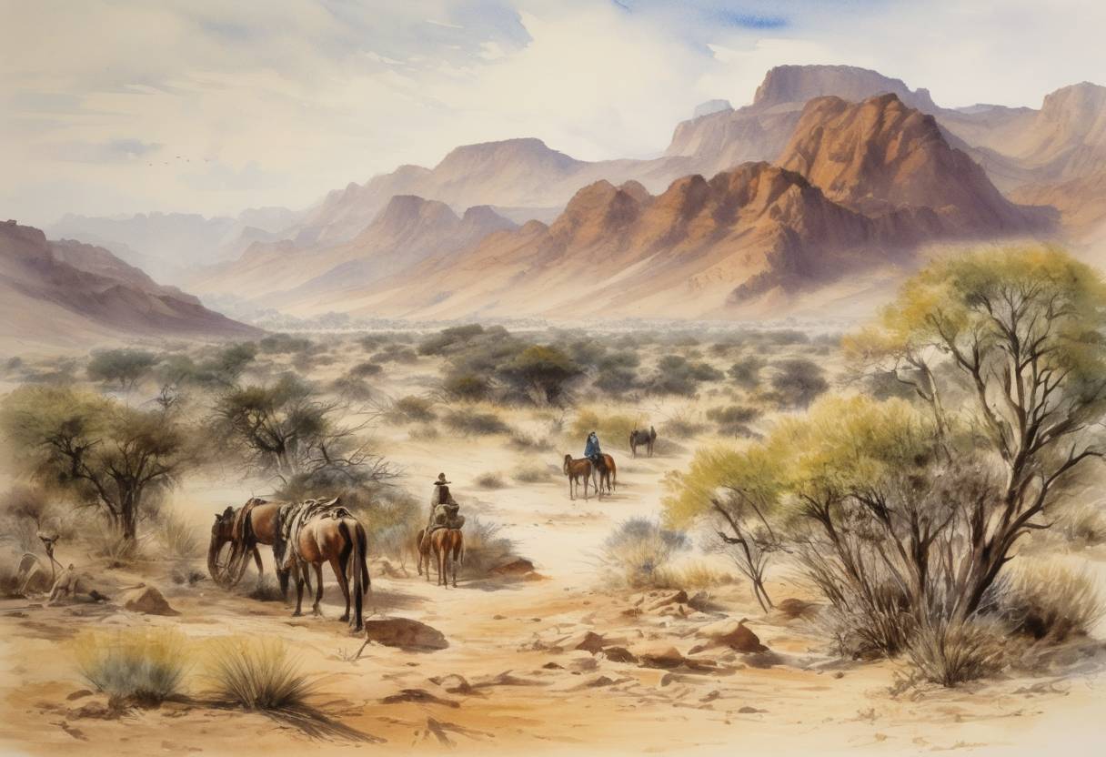 Watercolor painting based depiction of In Namibia, under German colonial rule, the Dorsland Trekkers reached the town of Otjitambi in a difficult migration across the arid region. This migration was part of a larger movement of Boer families moving northward from South Africa. (1876)