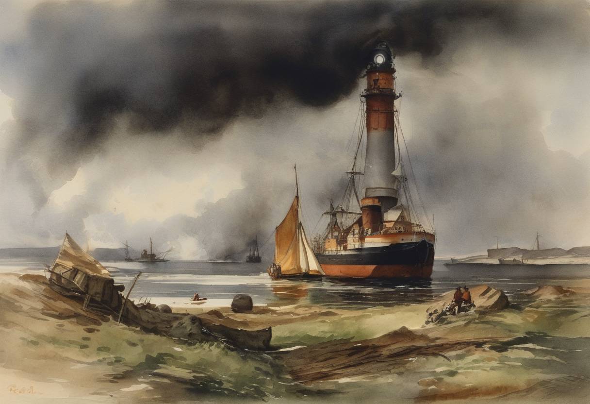 Watercolor painting based depiction of The distress signal 'CQD' is established, later replaced by 'SOS'. (1904)