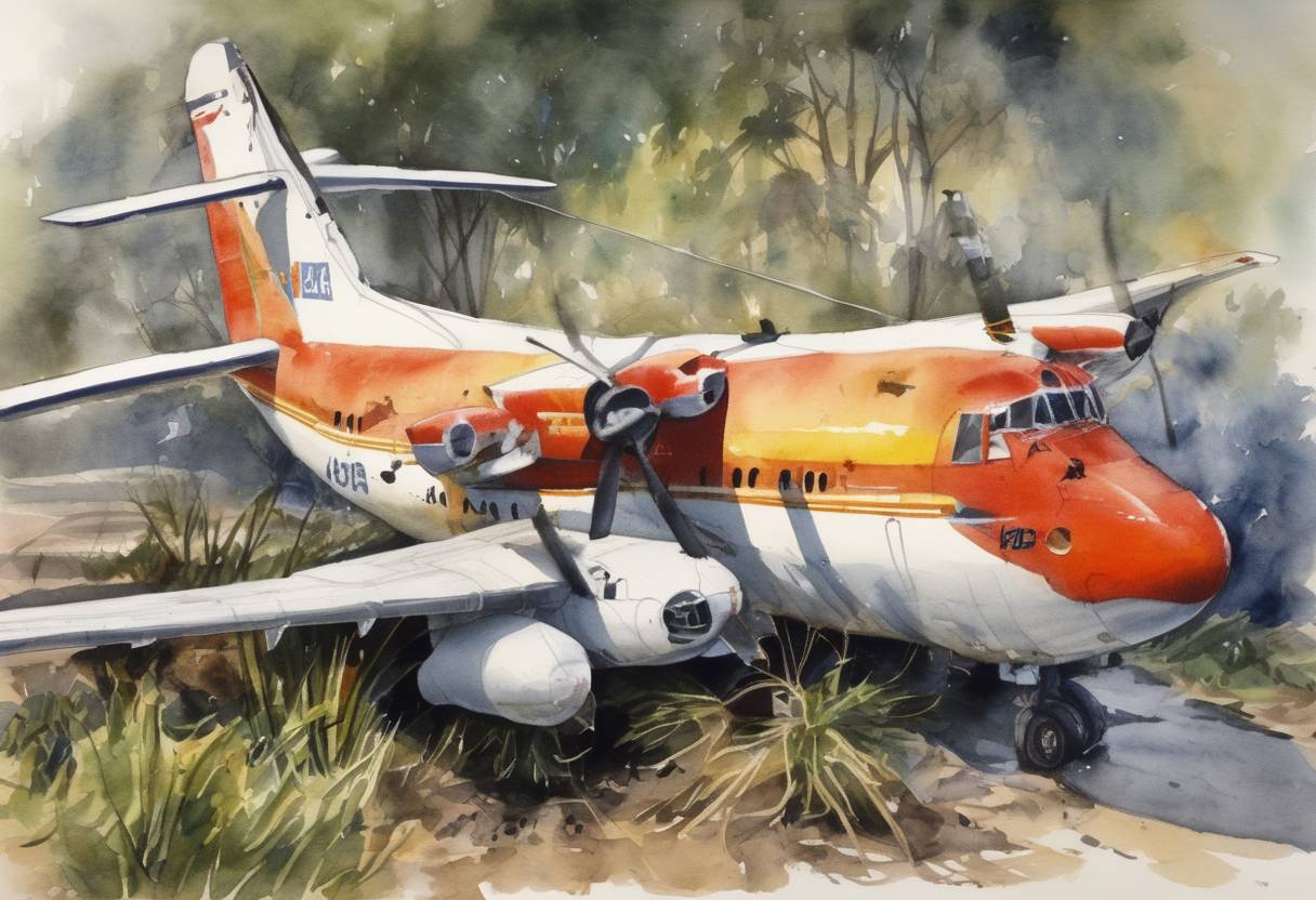 Watercolor painting based depiction of An Antonov An-32 aircraft crashes in Kinshasa, Zaire, killing more than 300 people, mostly on the ground. (1996)