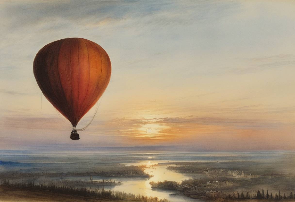 Watercolor painting based depiction of Dmitri Mendeleev made a balloon ascent to an altitude of 11,500 feet (3,500 meters) to observe a solar eclipse. (1887)