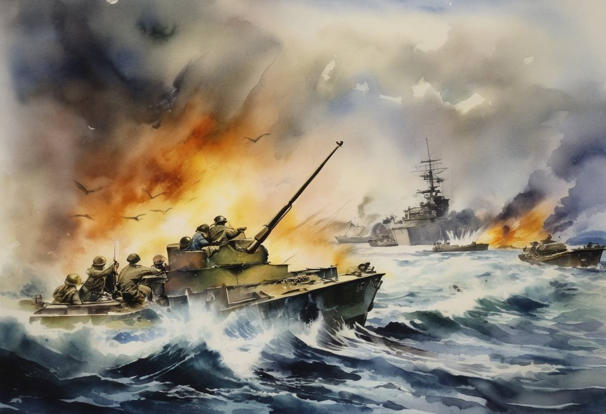 Watercolor painting based depiction of The Battle of Iwo Jima, one of the fiercest battles in the Pacific campaign of World War II, continues with heavy fighting between United States Navy and Imperial Japanese Navy forces. (1945)