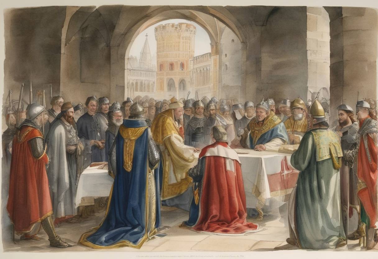 Watercolor painting based depiction of Pope Clement V issued the papal bull 'Pastoralis Praeeminentiae,' which instructed the monarchs of Europe to arrest the Knights Templar and seize their assets. (1307)