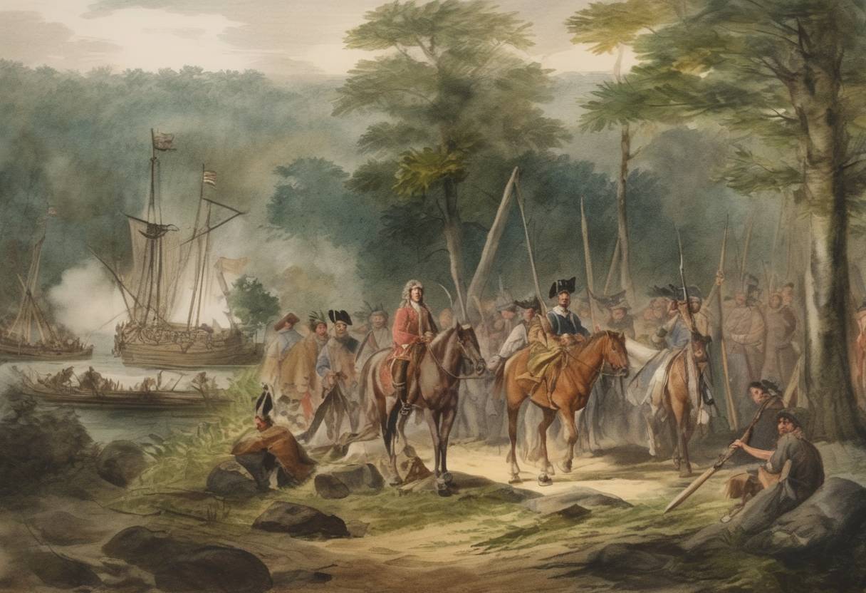 Watercolor painting based depiction of King Philip's War comes to an end with the death of the Wampanoag leader Metacomet, also known as King Philip, near Mount Hope, Rhode Island. (1676)