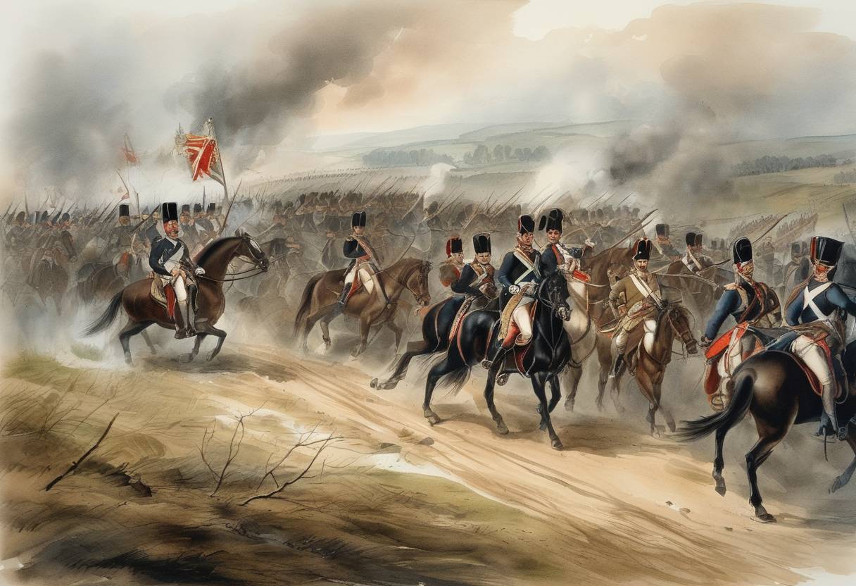 Watercolor painting based depiction of The Battle of Lützen was fought between Napoleon's forces and a coalition of Prussian and Russian troops, resulting in a French victory. This battle was part of the War of the Sixth Coalition during the Napoleonic Wars. (1813)