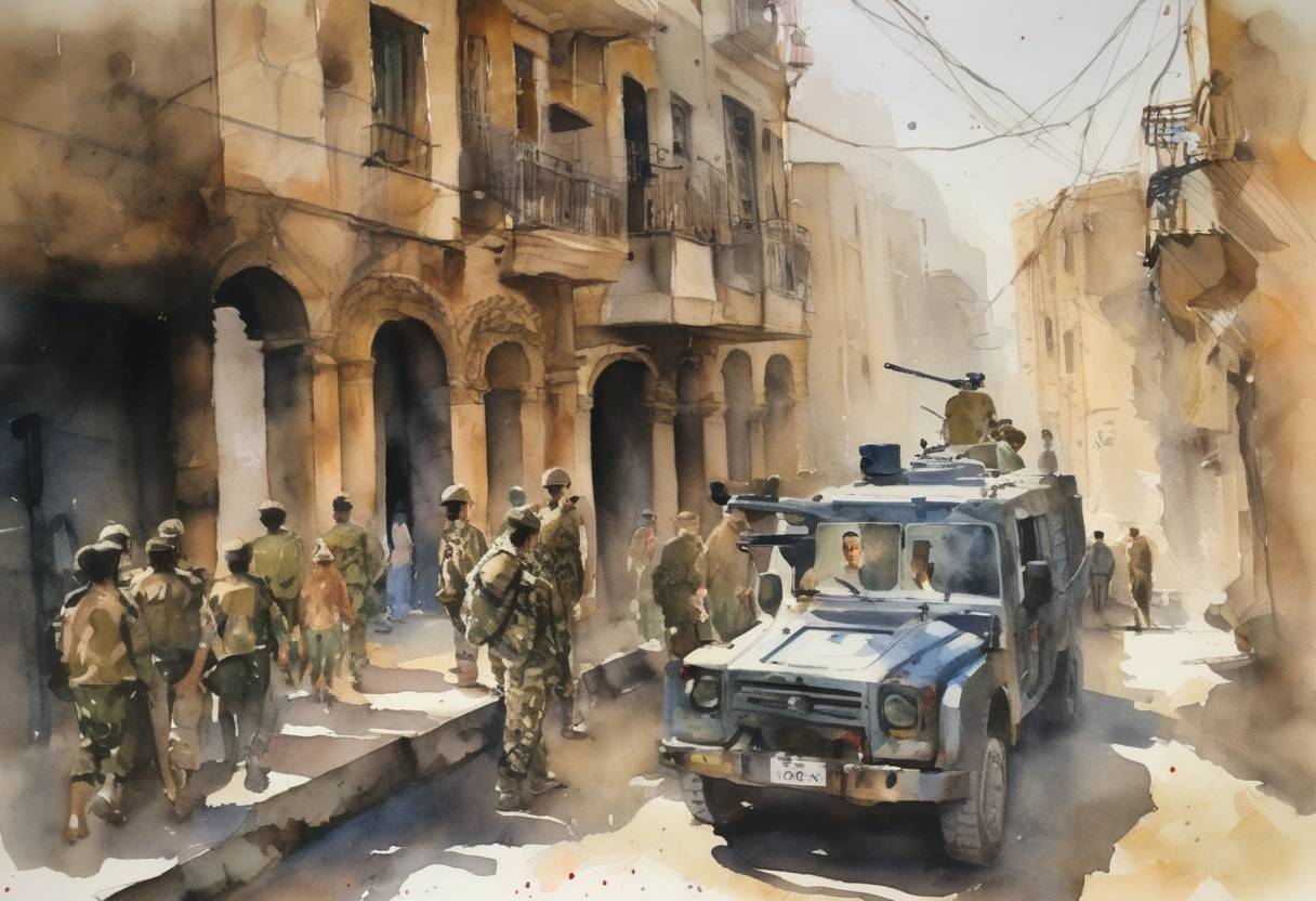 Watercolor painting based depiction of Syria withdrew the last of its troops from Lebanon, ending a 29-year military presence that had further strained relations between the two countries. (2005)