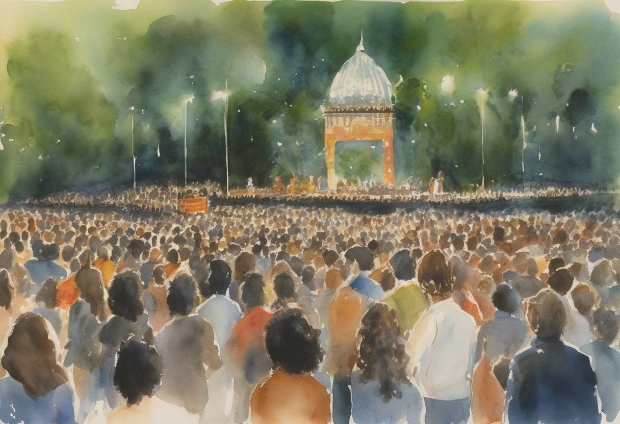 Watercolor painting based depiction of The Concert for Bangladesh took place in New York City, organized by former Beatle George Harrison and Indian sitar master Ravi Shankar, to raise funds for the refugee crisis during the Bangladesh Liberation War. (1971)