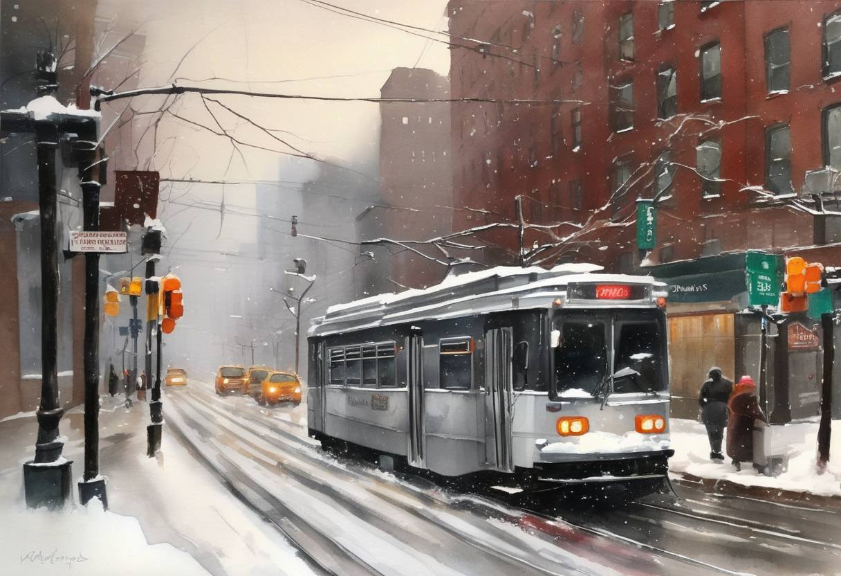 Watercolor painting based depiction of A rare early snowstorm hit the northeastern United States, causing massive power outages and travel disruptions. More than 3 million customers lost power, and travel was severely affected due to heavy snow. The storm was particularly notable for its timing as it happened before the leaves had fallen from the trees, amplifying its impact. (2011)