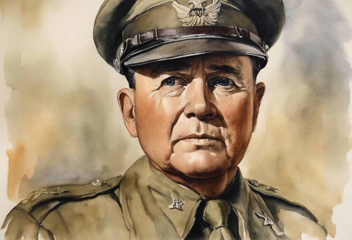 Watercolor painting based depiction of General Douglas MacArthur, after evacuating from the Philippines during World War II, made his famous statement: 'I shall return'. (1942)