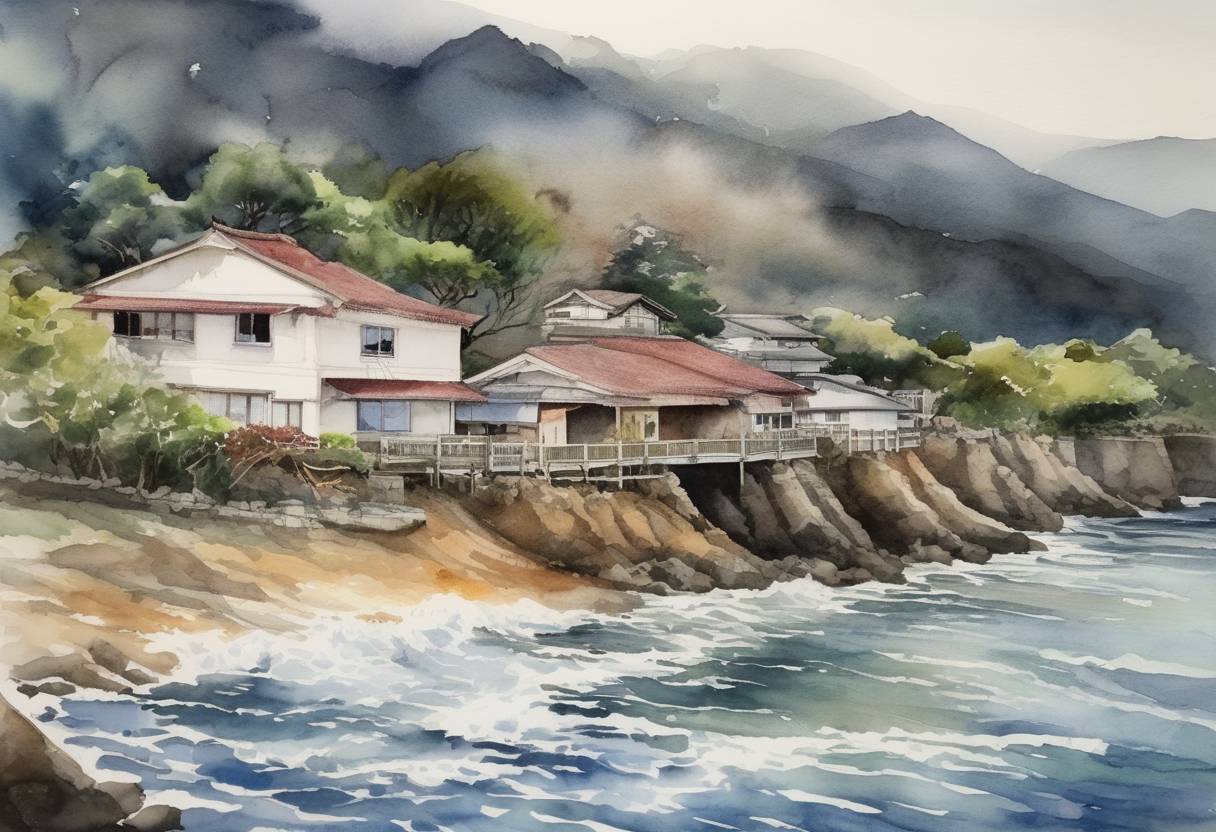 Watercolor painting based depiction of A 6.1 magnitude earthquake struck near the island of Kyushu, Japan causing damage and minor injuries but no fatalities. (2022)